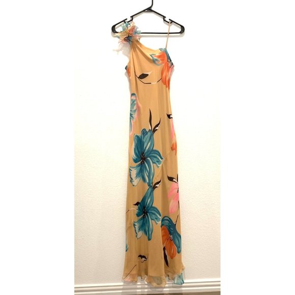 LANUDRY BY Shelli Segal Dresses & Skirts - LANUDRY Shelli Segal Asymmetrical Spaghetti Strap Peach and Blue Floral Silk 6